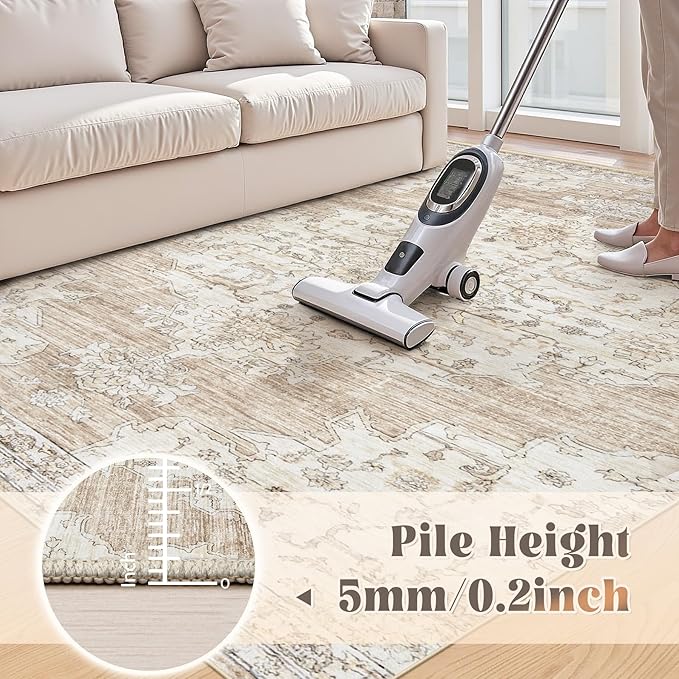Vintage Washable Area Rugs 2x3: Small Entryway Rug with Non-Slip Backing Low Pile Rugs Soft Indoor Floor Thin Carpet Non Shedding Neutral Carpets for Bedroom Kitchen Laundry Under Dining Table Beige