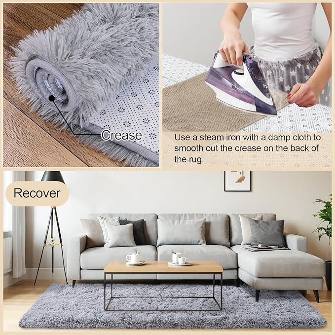 2x3 Rugs for Bedroom, Fluffy Area Rugs for Living Room, Soft Shag Kids Rug Small Carpet with 4 Non-Slip Rug Pads (Light Grey, 2ft x 3ft)
