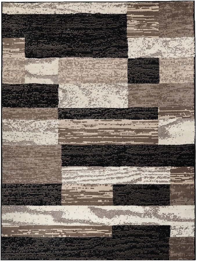 SUPERIOR Indoor Area Rug, Jute Backed, Modern Geometric Patchwork Floor Decor for Bedroom, Office, Living Room, Entryway, Hardwood Floors, Rockwood Collection, 9' x 12', Chocolate
