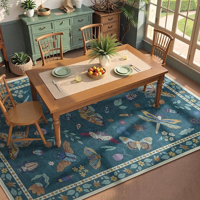 Beeiva Insect Print Bedroom Rug 8x10 Under Bed Non Slip, Foldable Washable Rugs 8x10, Soft Low Pile 8 x 10 Green Area Rug for Bedroom Large Carpet for Kids Room, Playroom, Living Room - Dark Green