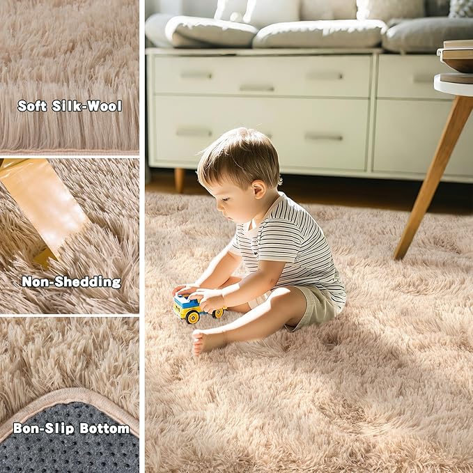 Beige Fluffy Rug for Bedroom 3x5 ft Small Rug - Ultra Soft & Non Slip Shaggy Area Rug, Comfy Durable Carpet for Living Room Kids Room Teens Dorm Home Decor, 1.7'' Thick Indoor Plush Carpets