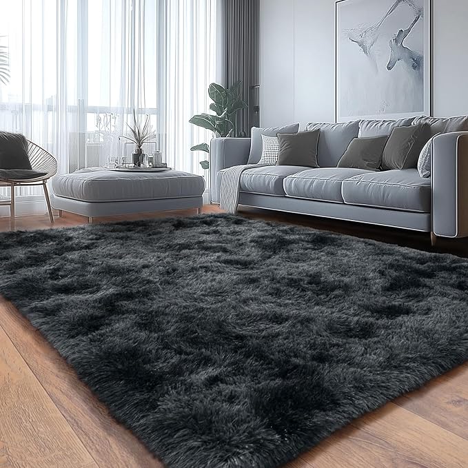 Shaggy Soft Fluffy Rug Non-Slip Indoor Floor Carpet for Living Room Anti-Skid Indoor Carpet Tie-Dyed Black Grey 5x7 Feet
