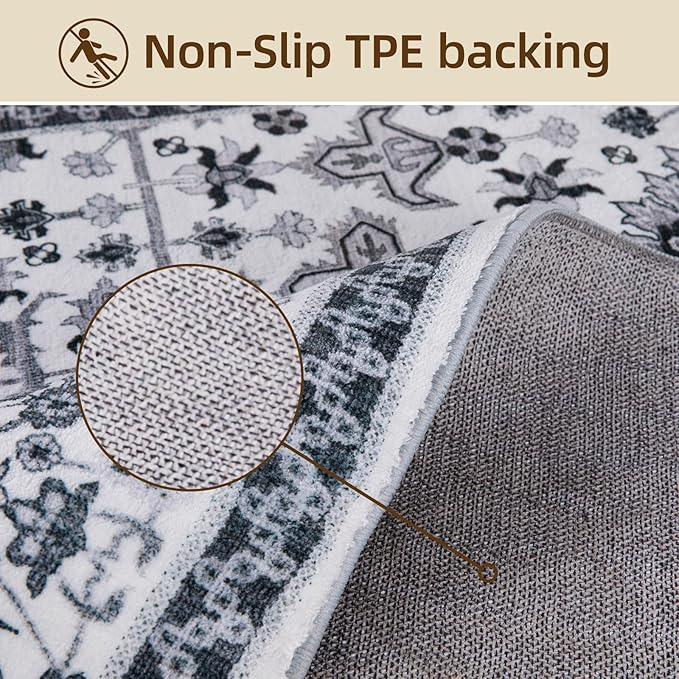 Washable Area Rug 4x6 Non-Slip, Boho Rugs for Living Room Decor，Indoor Mat for Front Porch, Kitchen, Laundry Room, Bathroom, Gray