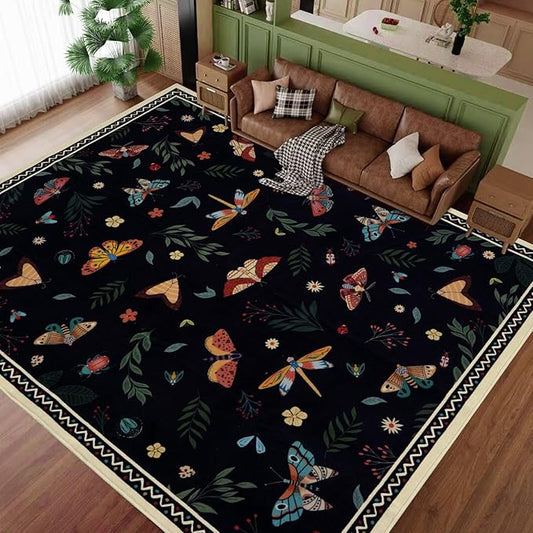 ASPMIZ Insect Area Rug 8X10 Living Room Rug, Spring Summer Washable Rug Non Slip, Farmhouse Butterfly Rugs for Living Room Low Pile, Soft Faux Wool Throw Carpet for Kids Room Dining Room, Black