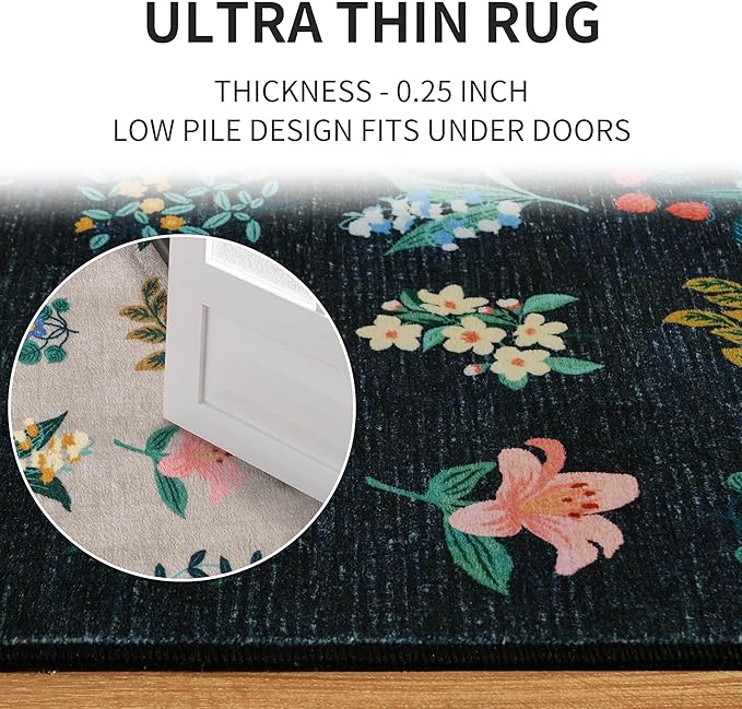 2x6 Floral Runner Rug Soft Non-Slip Machine Washable Kitchen Rug Runners for Hallway Bedroom Laundry Entrance Indoor Carpet, Flower Accent Throw for Girls Room, Navy Blue
