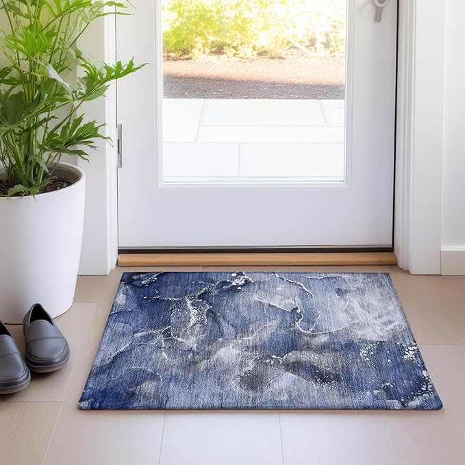 Addison Rugs Chantille ACN518 Blue 1'8" x 2'6 Indoor Outdoor Area Rug, Stain Resistant, Machine Washable, Non Shedding, Bedroom, Living Room, Dining Room, Kitchen Rug
