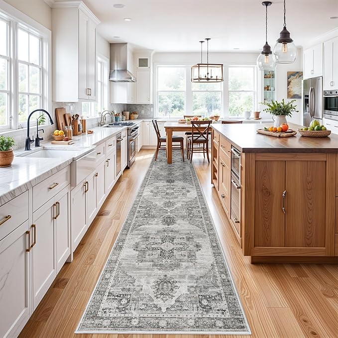 RUUGME Hallway 3x14 Runner Rugs - Large Boho Rugs for Living Room Stain Resistant Carpet Vintage Tribal Rugs for Bedroom Kitchen Bathroom Non Slip Backing Decor Floor Decoration Mat 3X14 Grey