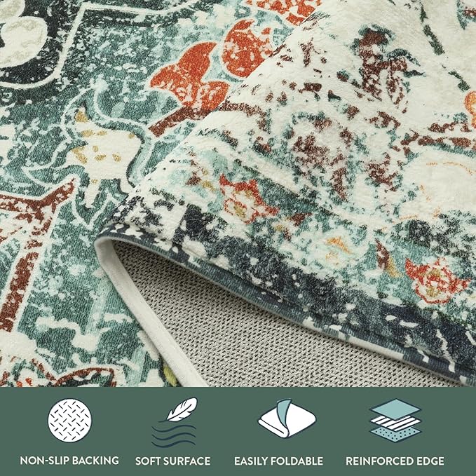 Lahome Bohemian Floral Medallion Rug - 2x4 Washable Kitchen Rug Soft Laundry Room Runner, Vintage Non Skid Indoor Throw Carpet for Entryway Doorway Bathroom Sink, Teal
