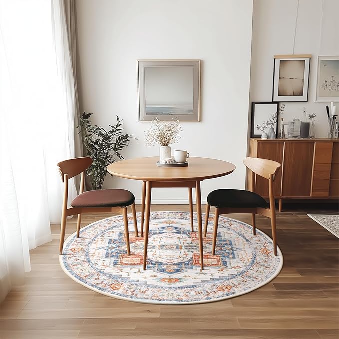 Washable 6ft Area Rugs, Rugs for Living Room, Low-Pile Water&Stain Resistant Carpet Vintage Distressed Printed Non-Slip Carpet for Bedroom Bathroom Kitchen-Blue