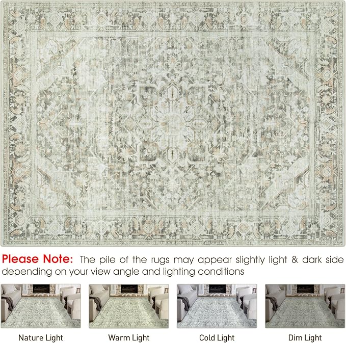 Washable Rugs 8x10 Area Rugs, Soft Vintage Living Room Rug with Anti-Skid Backing Stain Resistant Thin Indoor Carpet Large Area Rug for Bedroom Under Dining Room Table Nursery Entryway-Brown/Green