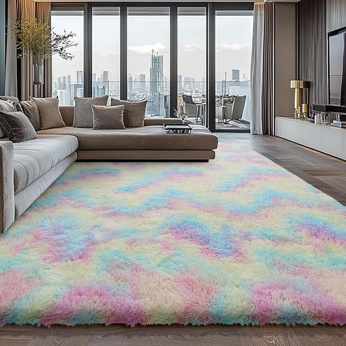 Shag Area Rugs for Bedroom Living Room,8X10 Ultra Soft Fluffy Area Rugs for Dorm,Indoor Carpet Nursery Rugs for Kids Girls Room Home Decor,Rainbow