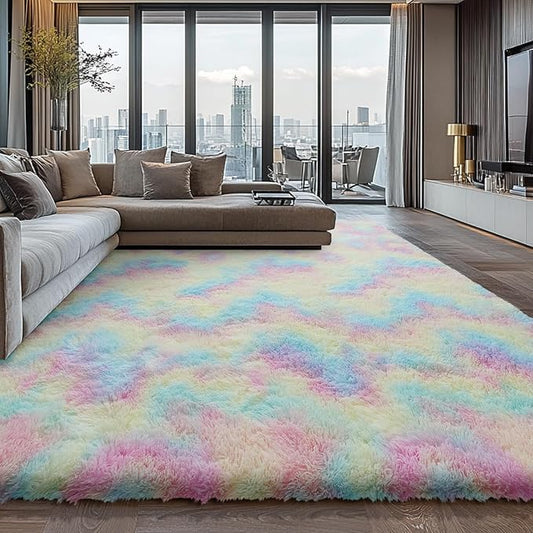 Shag Area Rugs for Bedroom Living Room,8X10 Ultra Soft Fluffy Area Rugs for Dorm,Indoor Carpet Nursery Rugs for Kids Girls Room Home Decor,Rainbow