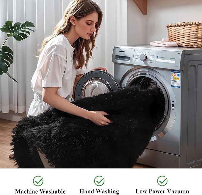 6x9 Black Fluffy Shag Rug for Bedroom Living Room, Ultra Soft Plush Fuzzy Washable Floor Non Slip Cozy Large Area Rug for College Dorm, Modern Comfy Shaggy Carpet for Kids Baby Nursery