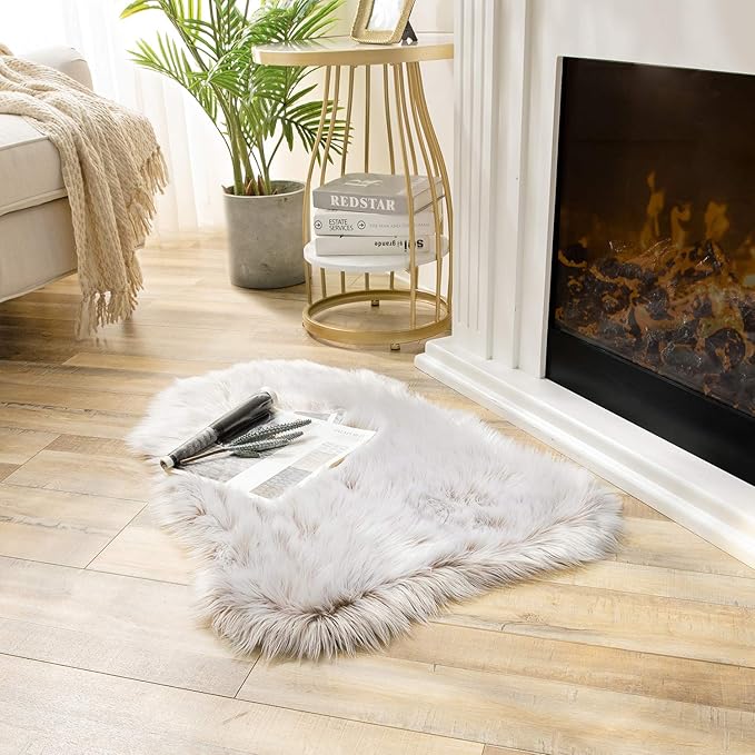 Ashler faux Sheepskin fur rug, Fluffy Shaggy Area Rug Ultra Soft 2 x 3 Feet, Frosted Bottom Beige Fuzzy, Machine Washable, Nursery Decor Throw Rugs for Bedroom, Living Room