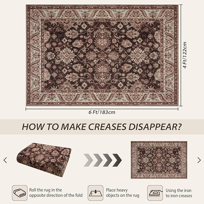 Area Rugs for Living Room, 4x6 Washable Rugs for Bedroom, Non-Slip Retro Floral Carpet for Entryway Office Kitchen Dining Room, Brownish Red