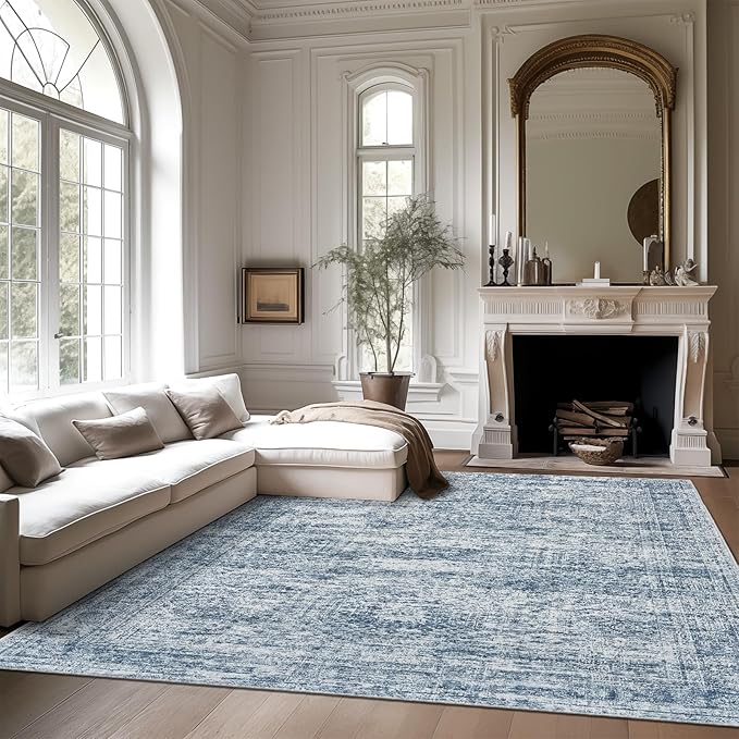 Washable Area Rug 8x10, Large Soft Rugs for Living Room Vintage Blue Rug 8x10 Area Rugs for Bedroom Dining Room Non-Slip Stain Resistant Under Table Rug