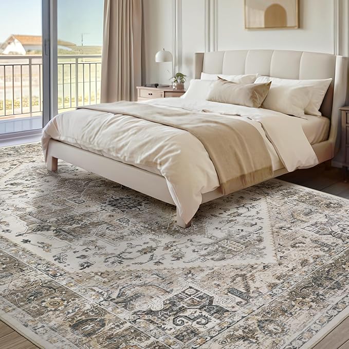 Area Rugs for Living Room 9x12 - Large Machine Washable Vintage Oriental Soft Rug, Low Pile Thin Carpet with Non Slip Backing for Bedroom, Dorm, Under Dining Room Table, Indoor House, Office Decor