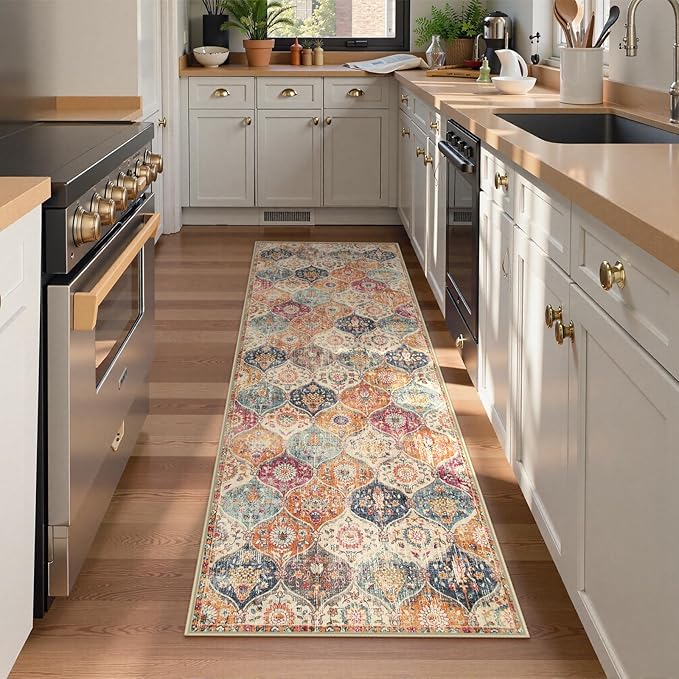 Lahome Moroccan Washable Kitchen Runner, 2x7 Runner Rug with Rubber Backing Non Slip, Vintage Hallway Rug Throw Carpet for Hallways Bedroom Laundry Room Entryway, Cream/Multi