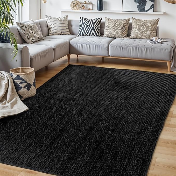 GRUHUM Black Jute Area Rug 9x12 Feet Rectangle Natural Fiber Boho Braided Handwoven Farmhouse Rustic Vintage EcoFriendly Large Carpet Home Décor Rugs - Living Room Hallways Bedroom Enterwayss 9x12'ft