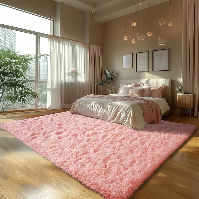 Zentavio Pink Rugs for Girls Room 8x10 Large Area Rugs for Living Room Cute Carpet for Bedroom Washable Soft Fluffy Shag Aesthetic Plush High Pile Rug for Nursery Kids Room Dorm Room