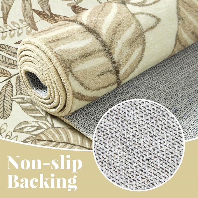 Ultra Thin 3x5 Small Entryway Rugs Indoor Doormat Stain Resistant, Vintage Floral Botanical Plants Throw Area Rugs for Bedroom Kitchen Living Room, Retro Khaki Bathroom Rugs Non Slip