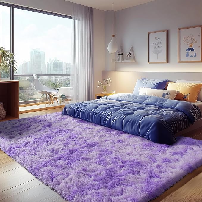Zentavio Purple Rugs for Girls Room 6x9 Large Area Rugs for Living Room Carpet for Bedroom Washable Soft Fluffy Shag Aesthetic Plush High Pile Throw Rug for Nursery Kids Room Dorm Room Tie-Dyed