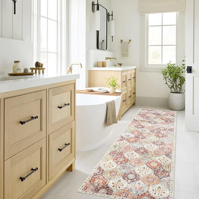 Lahome Moroccan Hallway Rug, 2'5''x8' Kitchen Runner Rugs Non Skid Washable Runners for Hallways, Ultra-Thin Oriental Carpet for Entryway Laundry Room Bedroom Bathroom, Orange/Terracotta
