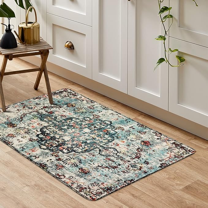 Lahome Bohemian Floral Medallion Area Rug - 2x3 Vintage Teal Distressed Small Entryway Rug Turkish Doormat Faux Wool Non-Slip Washable Low-Pile Carpet for Bathroom Kitchen Laundry Room Decor