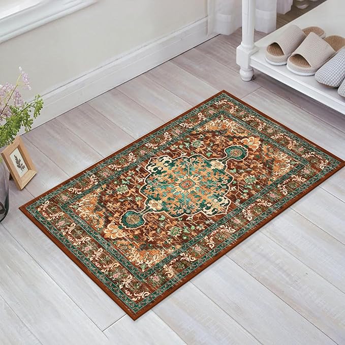 U'Artlines 2x3 Washable Boho Area Rug, Small Non Slip Vintage Doormat for Indoor Front Door Ultra Thin Mat Carpet for Entryway Kitchen Bathroom Bedroom Rust＆Teal