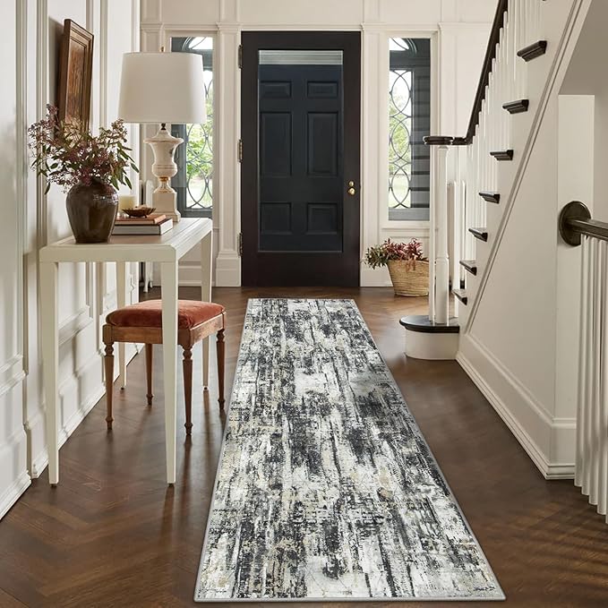 2'6''x8' Runner Rugs Washable Rug: Modern Abstract Hallway Runner Rug Indoor Soft Low Pile Thin Carpet Anti-Skid Non-Shedding Carpets for Kitchen, Entryway, Laundry, Bedroom - Black Grey Gold