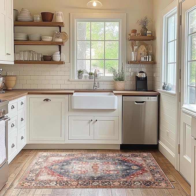 Washable 2x3 Area Rugs, Rugs for Living Room, Low-Pile Water&Stain Resistant Carpet Vintage Distressed Printed Non-Slip Carpet for Bedroom Bathroom Kitchen-Dark Red