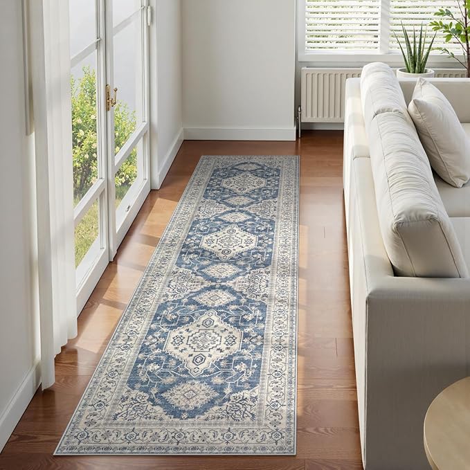 Lahome Oriental Hallway Runner Rug Non Slip, 2x8 Washable Runners for Hallways Kitchen, Vintage Non Skid Soft Long Carpet for Bedroom Bathroom Entryway, Blue