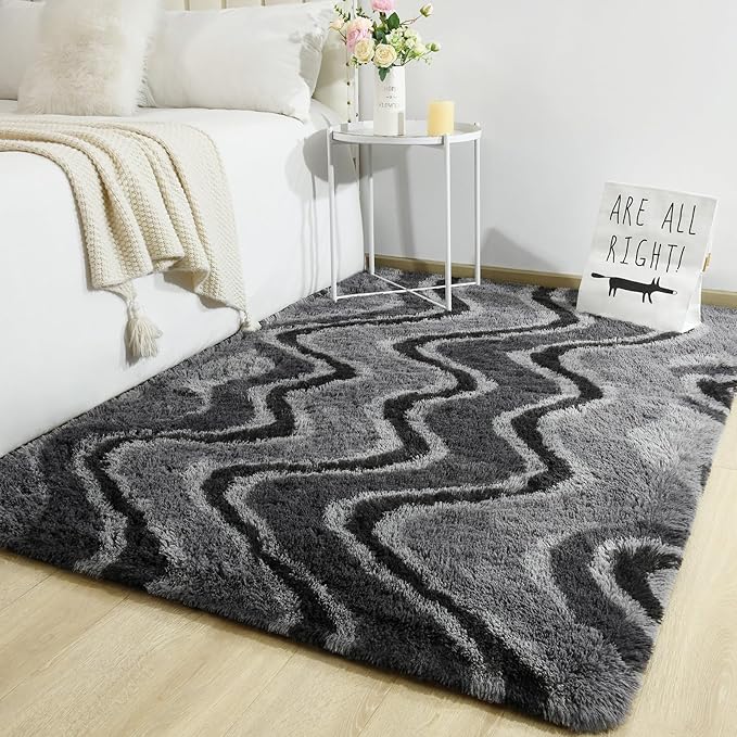 TWINNIS Super Soft Shaggy Rugs Fluffy Carpets, 4x5.9 Feet, Indoor Modern Plush Area Rugs for Living Room Bedroom Kids Room Nursery Home Decor, Upgrade Anti-Skid Rectangular Fuzzy Rug, Dark Grey Black