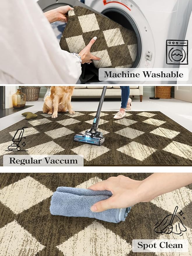 Lahome Washable Kitchen Runner Rug, Rug Runners for Hallways 6 Feet Non Slip Long Bathroom Rugs Runner, Moroccan Trellis Non Skid Low Pile Laundry Room Carpet Runners for Bedroom Entryway, 2x6 Brown