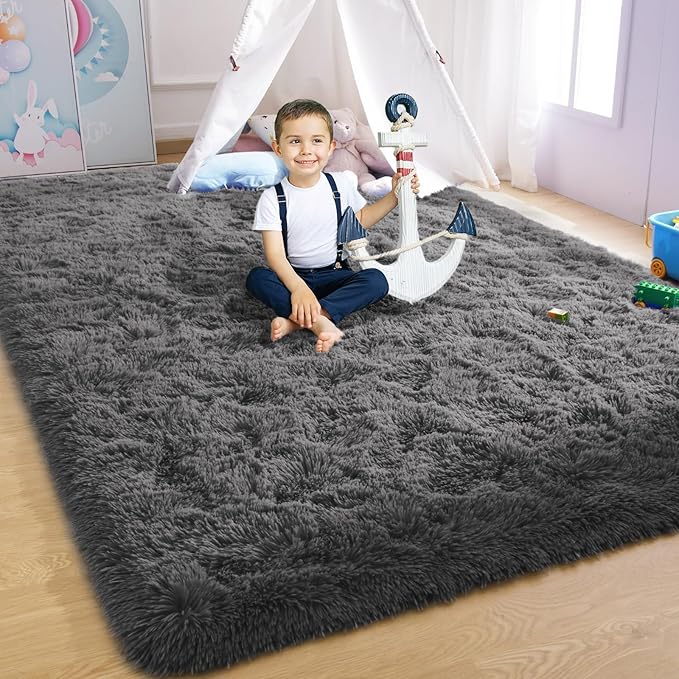 YJ.GWL Area Rugs for Living Room Bedroom, 4x6 Machine Washable Large Dark Grey Carpet, Soft Fluffy Shaggy Thick Big Shag Indoor Floor Rug for Kids Boy and Girls Room Dorm Home Decor Aesthetic