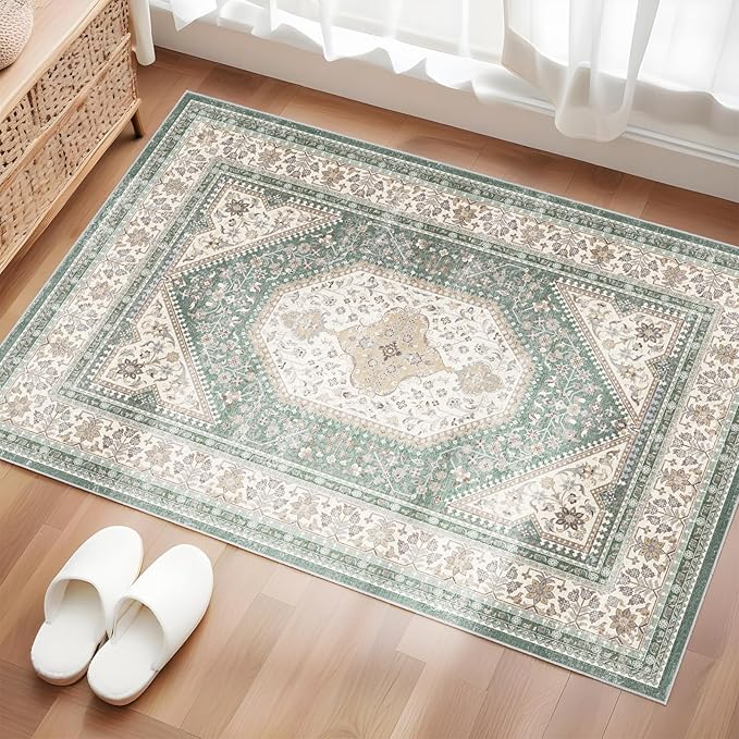 Washable Entryway 2x3 Rug: Small Boho Rugs for Indoor Entrance Non Slip Backing Stain Resistant Carpet Low Pile Throw Rugs for Bedroom Bedside Inside Front Door Floor Kitchen Decor(Green,2x3FT)