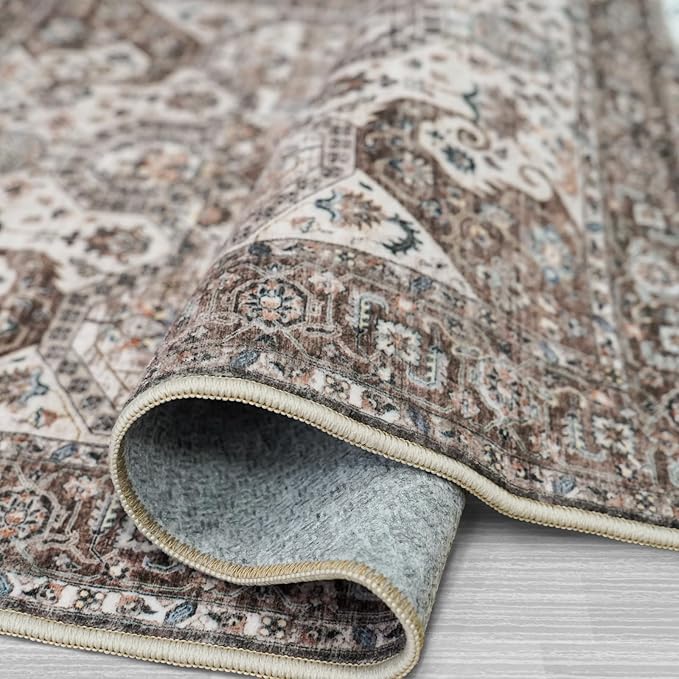 Washable 9x12 Large Area Rug: Vintage Non-Slip Backing Rugs for Living Room Stain Resistant Bedroom Carpet Soft Medallion Farmhouse Floor Mat for Dining Room Home Office 9x12 Brown