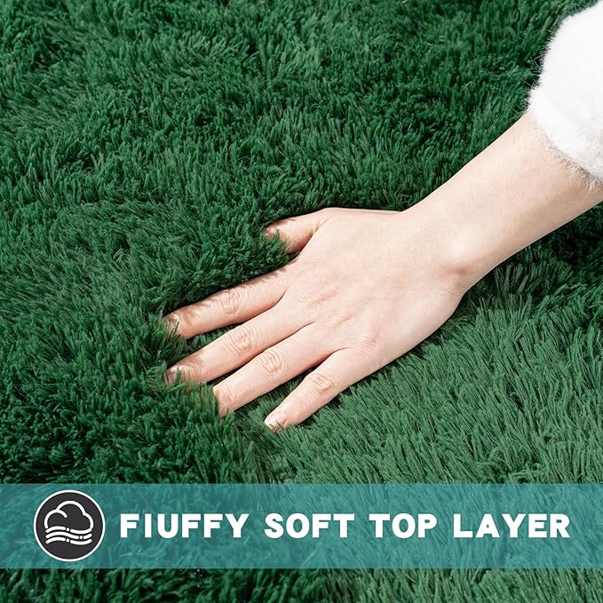 4x6 Area Rug for Bedroom, Green Rugs for Living Room Nursery Kids Room Dorm Home Decor Aesthetic, Fluffy Shaggy Rug with 4 Anti-Slip Carpet Tapes, Dark Green