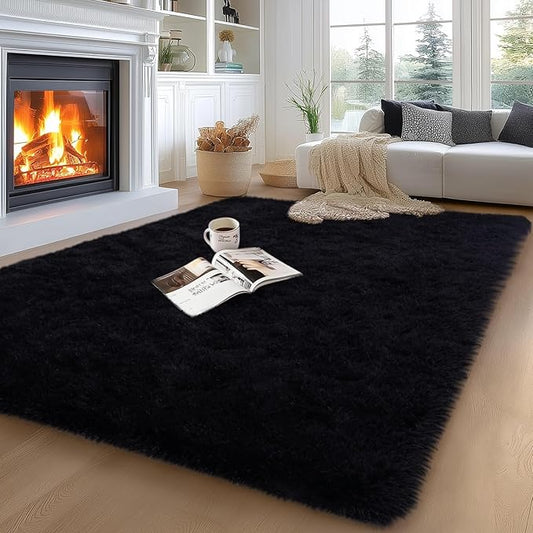Black Rugs for Living Room, Large Fluffy 5x7 Area Rugs for Bedroom, Soft Shag Shaggy Fuzzy Carpets for Boys and Girls Dorm Room Home Decor (5ft x 7ft, Black)
