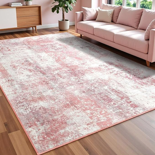 Washable Abstract Rug, 5x7 Modern Area Rugs with Non-Slip Rubber Backed for Living Room, Thin but Soft Contemporary Carpet Kitchen Bedroom Dining Room Decor, Pink