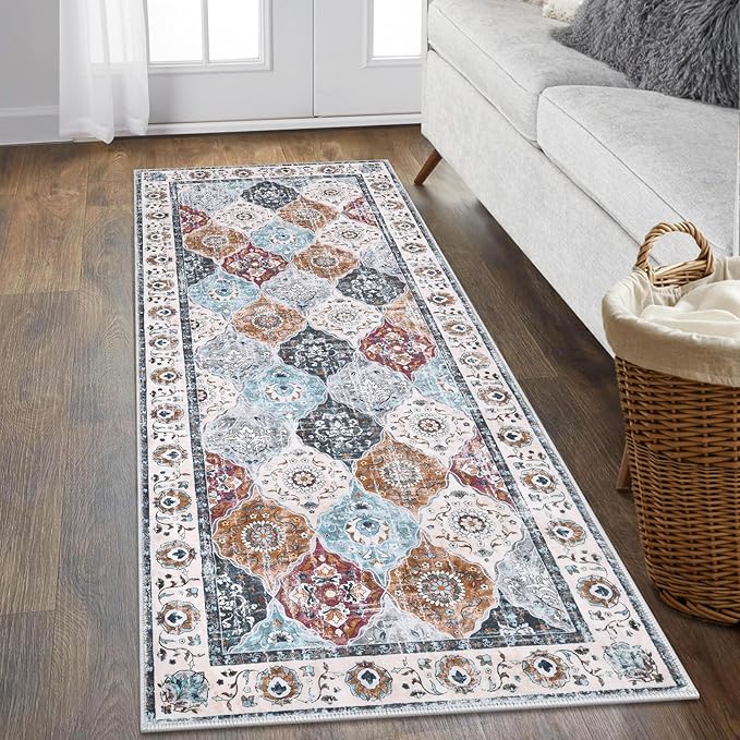 HEBE Hallway Runner Rug 2'x5' Washable Vintage Distressed Area Rugs Non Slip Laundry Rug Runner Boho Floor Carpet Runners for Hallways Entryway Laundry Room Kitchen Bathroom