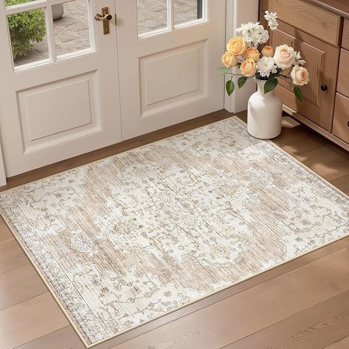 Vintage Washable Area Rugs 2x3: Small Entryway Rug with Non-Slip Backing Low Pile Rugs Soft Indoor Floor Thin Carpet Non Shedding Neutral Carpets for Bedroom Kitchen Laundry Under Dining Table Beige