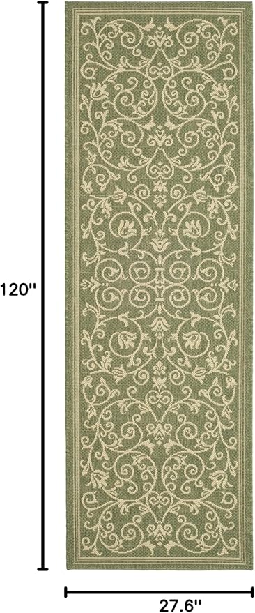 SAFAVIEH Courtyard Collection Runner Rug - 2'3" x 10', Olive & Natural, Scroll Design, Non-Shedding & Easy Care, Indoor/Outdoor & Washable-Ideal for Patio, Backyard, Mudroom (CY2098-1E06)