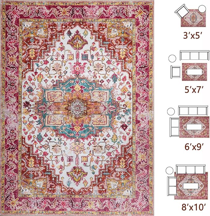 Washable Area Rugs 3x5, Low Pile Carpet, Non-Slip Vintage Distressed Rug for Bedroom, Living Room, Dining Room, Entryway, Magenta