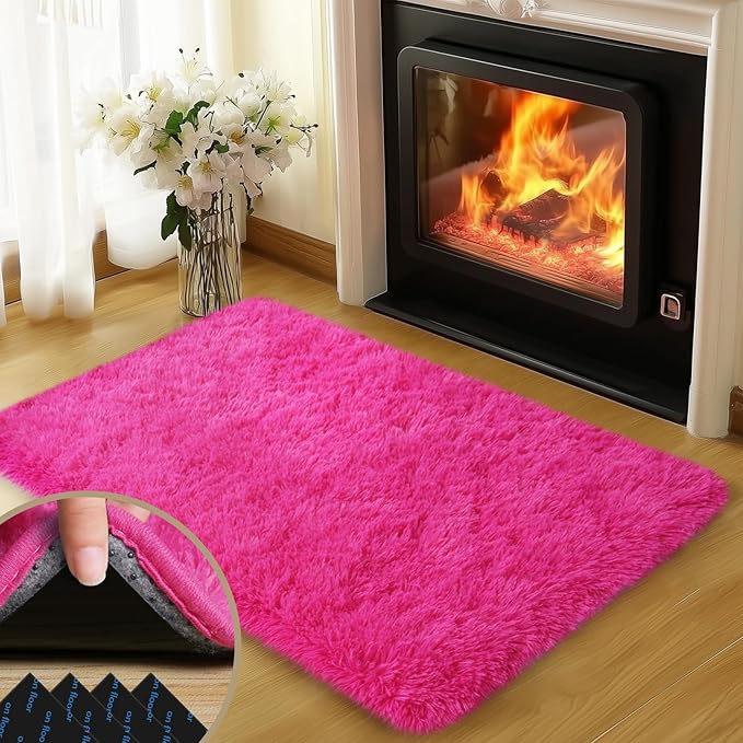 2x3 Rugs for Bedroom, Fluffy Area Rugs for Living Room, Soft Shag Kids Rug Small Carpet with 4 Non-Slip Rug Pads (Hot Pink,2ft x 3ft)