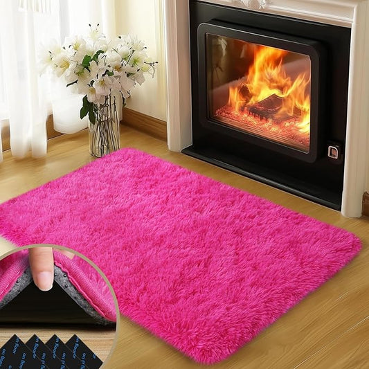 2x3 Rugs for Bedroom, Fluffy Area Rugs for Living Room, Soft Shag Kids Rug Small Carpet with 4 Non-Slip Rug Pads (Hot Pink,2ft x 3ft)