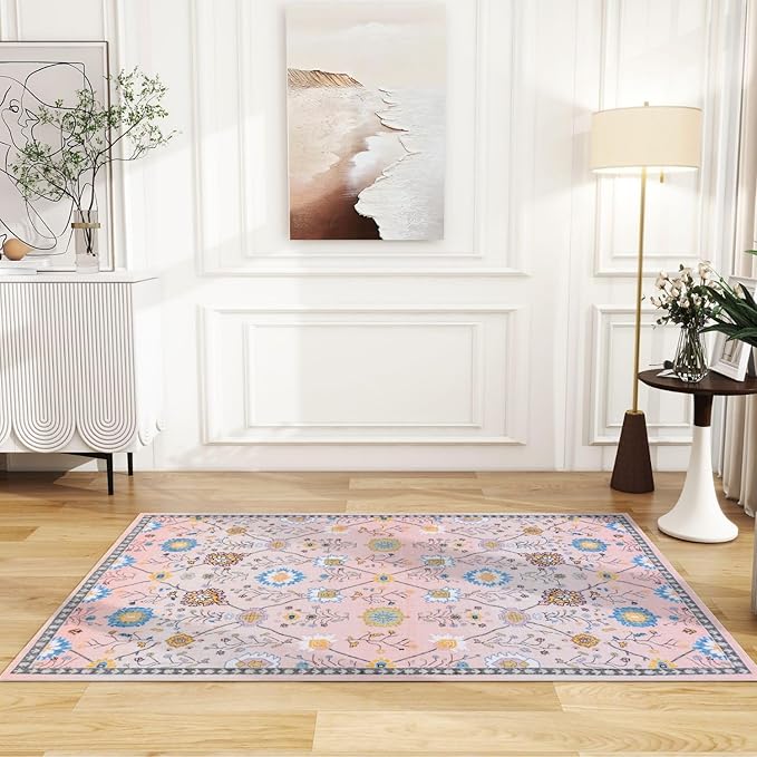 Syalife 3x5 Area Rugs, Non Slip Washable Low Pile Rugs for Living Room, Kitchen, Hallway, Bedroom Bedside, Kids Room, College Dorm (Pink Floral, 3'x5')