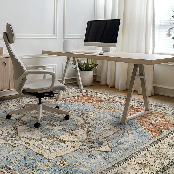 Area Rugs for Living Room 9x12 - Large Machine Washable Vintage Oriental Soft Rug, Low Pile Thin Carpet with Non Slip Backing for Bedroom, Dorm, Under Dining Room Table, Indoor House, Office Decor