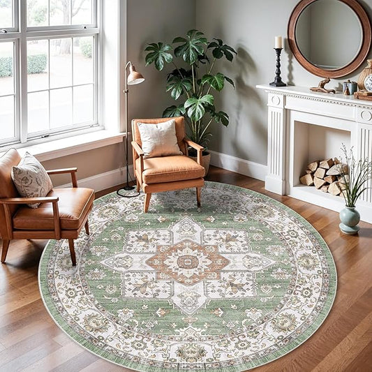 RUUGME Washable 6round Area Rugs - Large Boho Rugs for Living Room Stain Resistant Carpet Vintage Tribal Rugs for Bedroom Kitchen with Non Slip Backing Home Decor Floor Decoration Mat 6ft Sage
