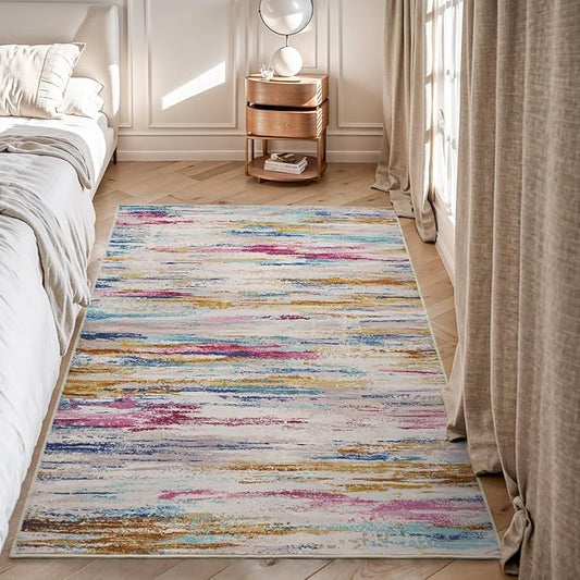 tchdio 3x5 Area Rugs for Living Room, Machine Washable Rug Entryway Door Rug Abstract Non Slip Small Bedside Rugs, Soft Indoor Carpet for Bedroom Office Dorm, Multi Color